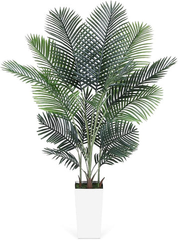 Artificial Areca Palm Tree 6FT Fake Potted Plant Faux Silk Tropical Areca Palm Real Bark Design, Large Artificial Plant in Tall White Pot for Home Living Room House Warming Floor Decor