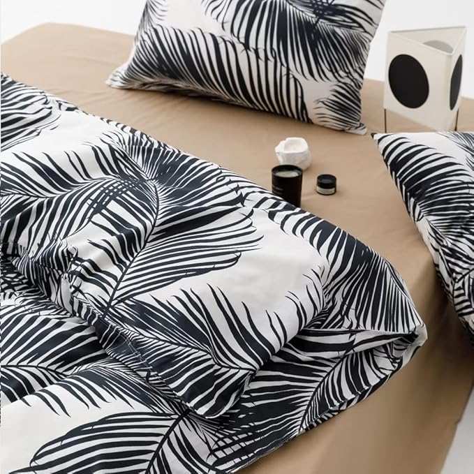 Pureant Boho Black Botanical Bedding Set - Full Comforter, Feather Quilts, Rustic Palm Leaves, Tropical Bohemian Black Floral Pattern