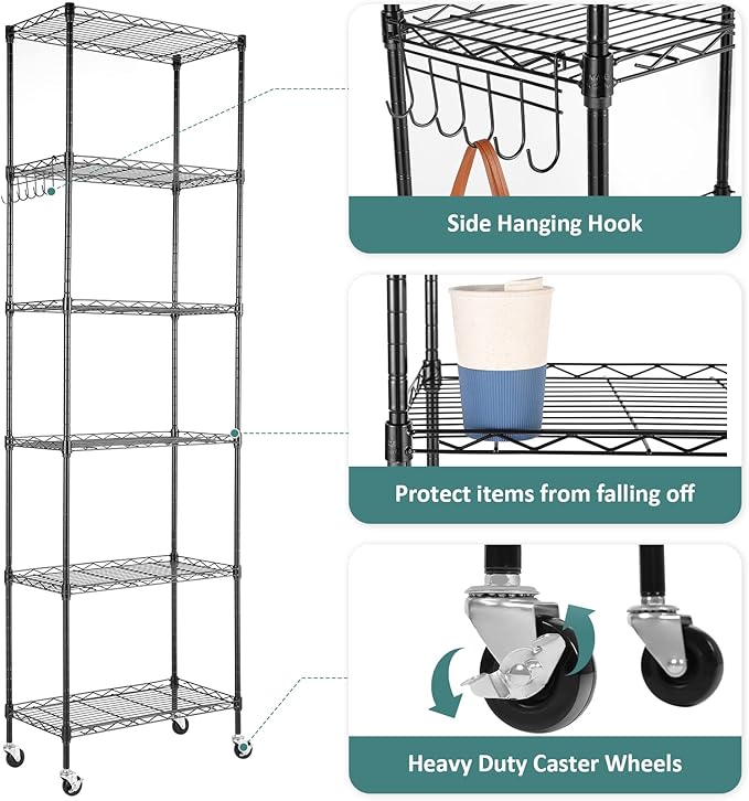 Homdox 6-Tier Storage Shelf Wire Shelving Unit Free Standing Rack Organization with Caster Wheels, Stainless Side Hooks, Black