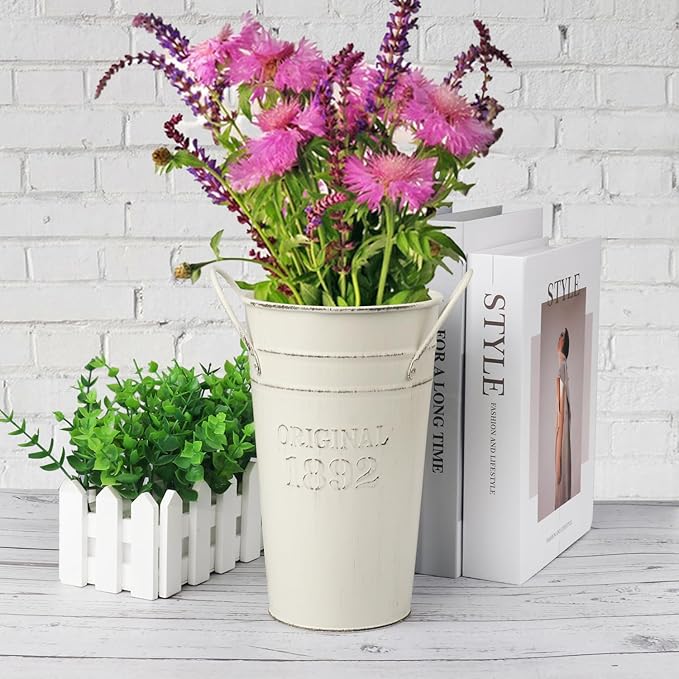 5 PCS 8 Inch Tall Rustic Galvanized Flower Vases, Farmhouse French Buckets for Beautiful Floral Arrangements, Home Decor or Weddings and Events