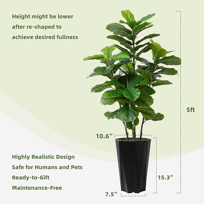 Artificial Fiddle Leaf Fig Plant Indoor 5FT Faux Fig Tree with Mocha Diamond Planter Tall Fake Floor Plant Potted Artificial Trees for Home Office Living Room Decor Indoor