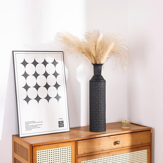 Tall Floor Vase Set of 3 Large Black Vase Tall Vases for Floor Vases Home Decor Large for Pampas Grass, Metal Material, Handcrafted Rattan Pattern, Matte Black