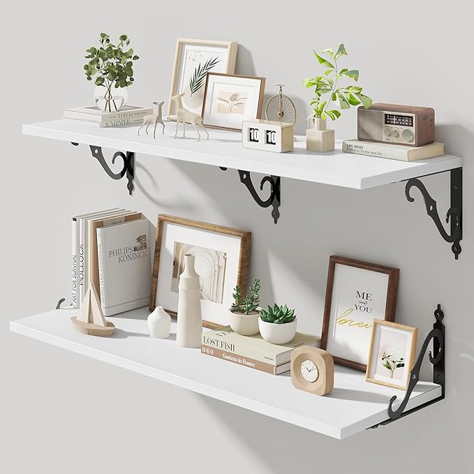 36 Inches Floating Shelves, Rustic Long Wall Shelves, 12 Inch Deep Book Shelf Wall Mounted with Bracket, Wide Display & Storage Shelves for Living Room, Bathroom, Bedroom, White, Set of 2