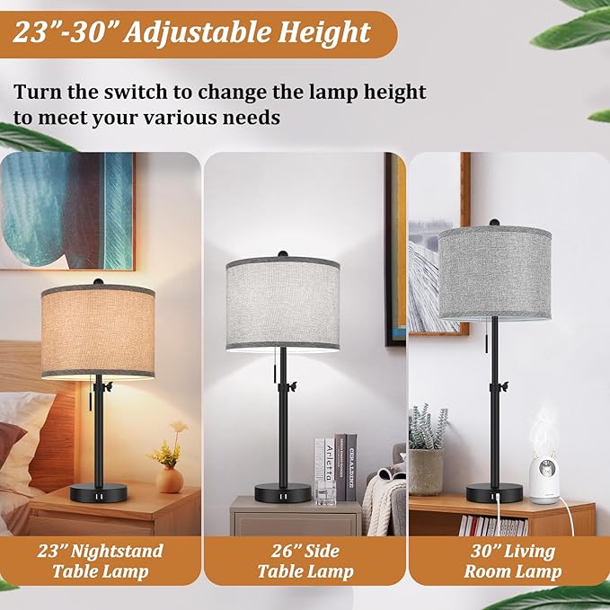 Table Lamps for Bedroom Set of 2, 23''-30'' Adjustable Height Bedside Lamps with 2 USB Ports, Black Nightstand Lamps with Grey Linen Shade, Modern Stylish Living Room Lamp Set with Pull Chain