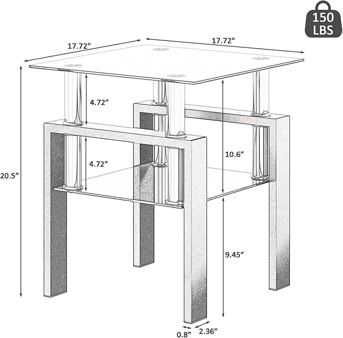 IANIYA Modern Glass End Table, 2-Tier Side Table with Tempered Glass Top & Metal Legs, Night Stand Corner Table for Living Room, Bedroom, All Black
