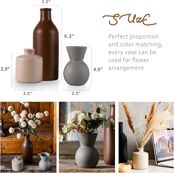 Ceramic Flower Vase Without Dried Fake Flowers, Small Vase for Centerpieces, Modern Vases for Home Decor- 3 Pcs