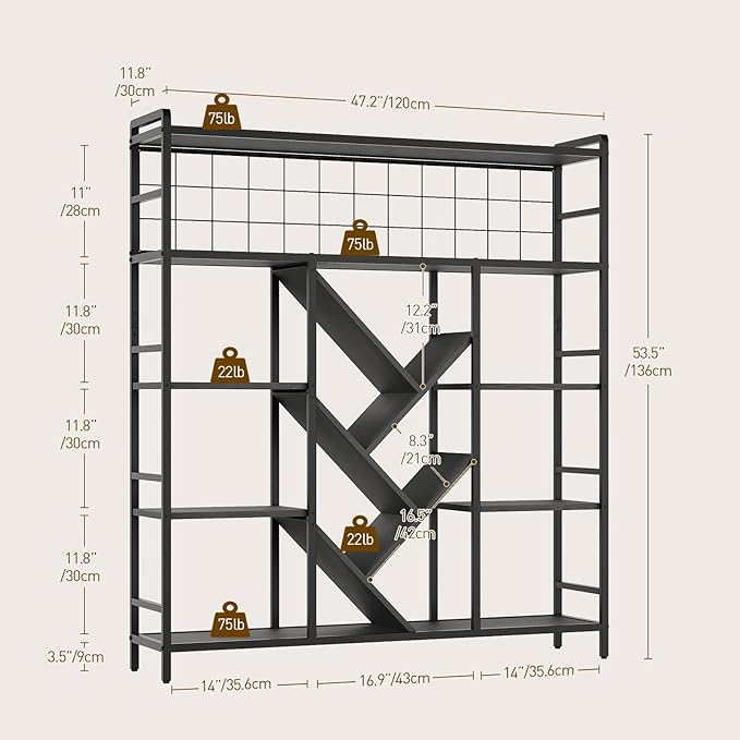 Industrial Triple 5-Tier Bookshelf, Large Wide Bookcase with 20 Open Display Shelves, Modern Tree Bookcase Metal Frame Bookshelf with Hanging Function for Living Room Home Office, Black
