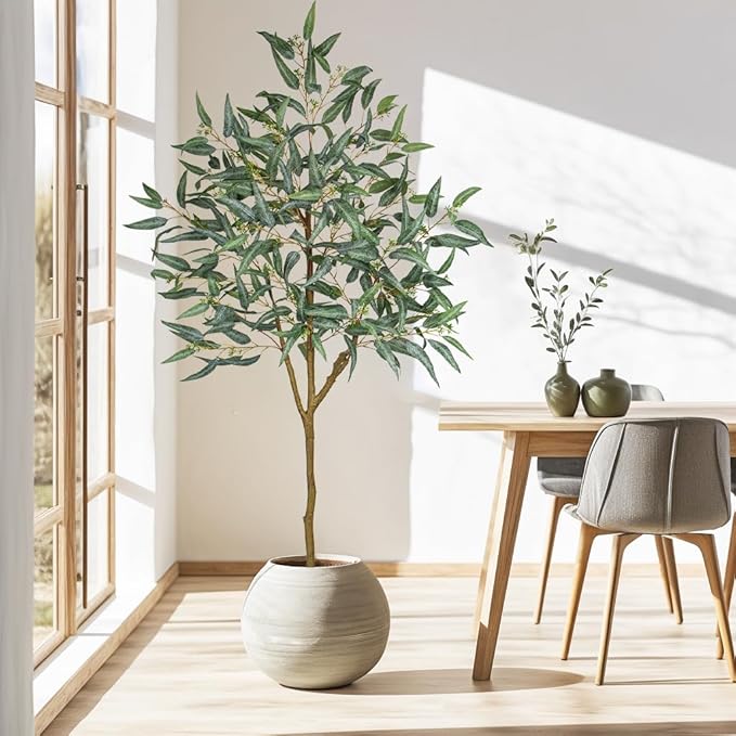Briful 6ft Artificial Eucalyptus Tree in Black Pot, Realistic Silk Potted Floor Plant Eucalyptus Plant for Home Decor Indoor Outdoor Patio Office, Green Leaf