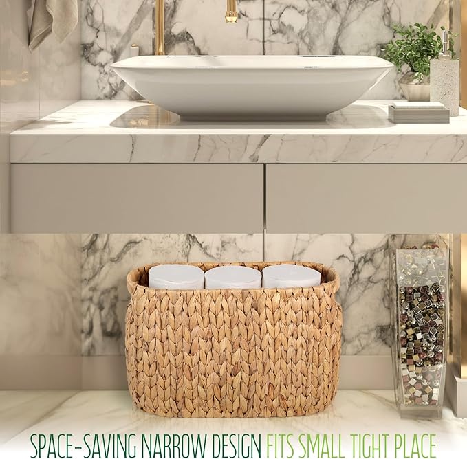 Toilet Paper Storage Holder with Built-in Handles, Water Hyacinth Toilet Papers Holder for up to 6 Mega Rolls, Wicker Toilets Paper Baskets, Decor Bathroom Storage Basket for Countertops,Shelves