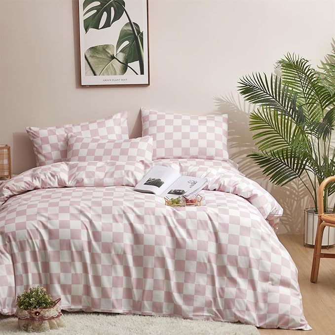 Pureant Pink White Plaid Comforter Sets California King Women Men Bean Pink and White Checkerboard Grid Bedding Comforters Cal King Modern Dusty Pink Checkered Geometric Quilts Luxury Abstract Bed