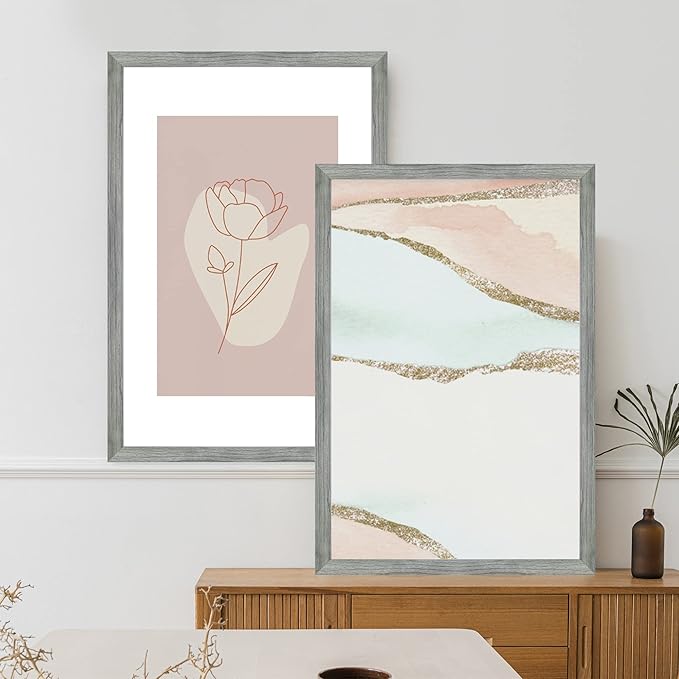 14x20 Picture Frame Set of 2, Rustic Grey Wood Style - Display 14 x 20 Picture without Mat or 12x18 Picture with Mat, Wall Mounting Horizontal and Vertical