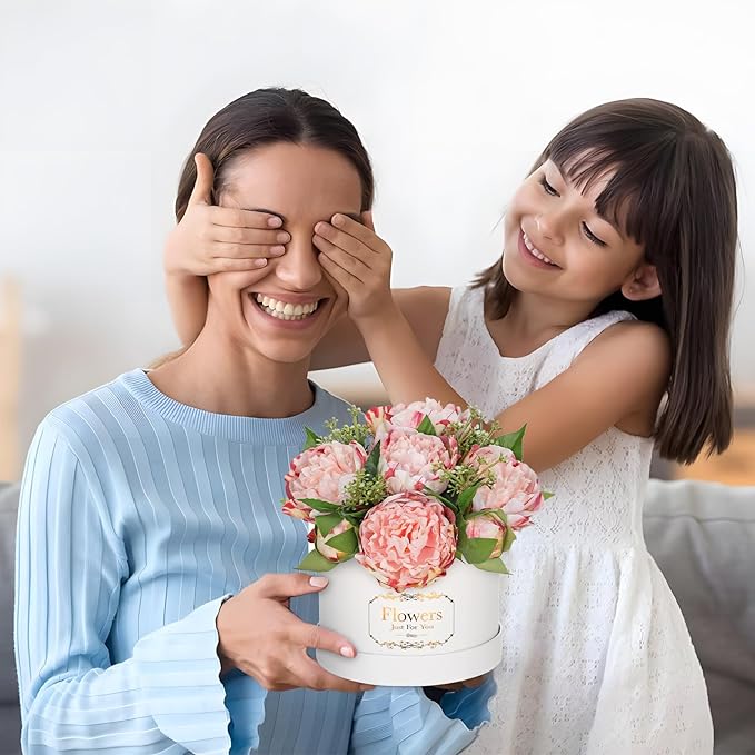 Hollyone Pink Peonies Artificial Flowers in Vase Round Gift Boxes with Fake Flowers Arrangements Faux Flowers Floral in Box Vase for Her Mothers' Day Valentine's Day Christmas Birthday Graduation Gift