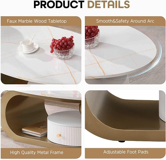 Marble Nesting Coffee Table Set of 2,Modern Oval Center Tea Table and Round Side Nightstand Set w/Drawer andFaux Marble Top and Metal Frame for Living Room Accent Furniture (Gold White)