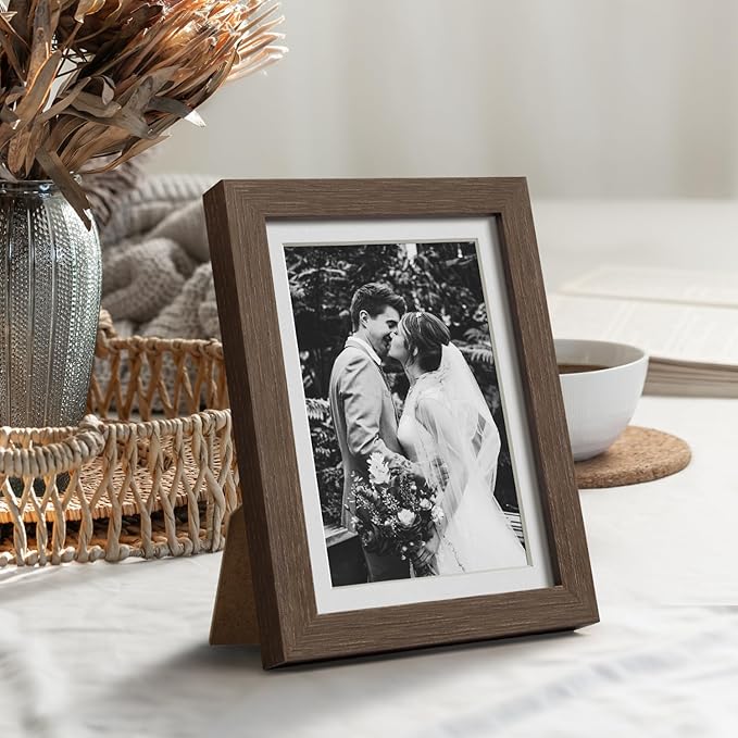 Yaetm 5x7 Picture Frame with Mat for 4x6 – Brown Walnut, Rustic Solid Wood Frame 5 x 7 with Tempered Glass for Art Print & Picture, Display on Tabletop & Wall (Single, Walnut)