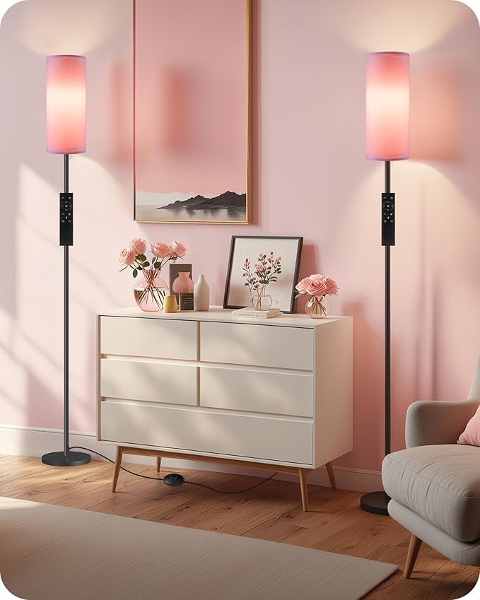 2 Pack Dimmable Pink Floor Lamps for Living Room with 2 Remotes and Foot Switch, Corner Floor Lamp, 66'' Standing Tall Lamp, 10W 900LM Bulb Included, 3000K-6500K, Linen Shade, FCC Listed P06LDP205W1