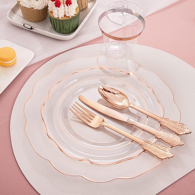 NOCCUR 350PCS Rose Gold Plastic Plates - Clear Rose Gold Disposable Dinnerware Set - Include 100 Dinner/Dessert Plates,50 Cups,50 Pre Rolled Napkins with Cutlery Set - Ideal for Party&Wedding