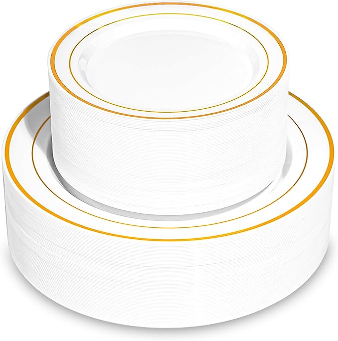 100PCS Gold Plastic Plates, Disposable Party Plates with Gold Rim, Include 50 Dinner Plate and 50 Elegant Dessert Plate for Party and Wedding