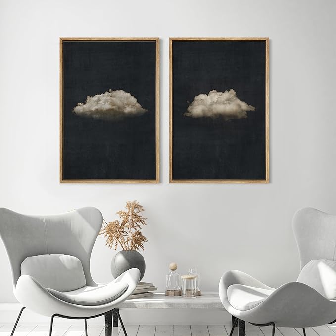 MUDECOR Framed Canvas Print Wall Art Minimalist Cloud on Dark Background, Modern Monochrome Nature Illustrations Modern Art Decorative Multicolor Minimalism for Bedroom - 24"x36"x2 Natural
