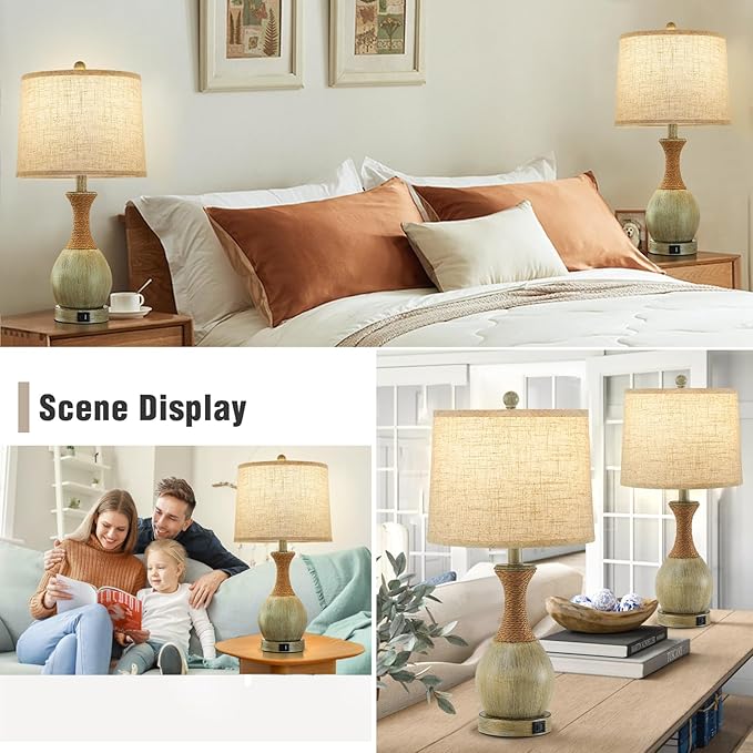 Bedside Table Lamp Set of 2 - Bedroom Table Lamps with 3 Color Temperatures - Boho Rattan Lamps with USB A+C Charging Ports Grey Farmhouse Living Room Lamps for Reading Bulbs Included