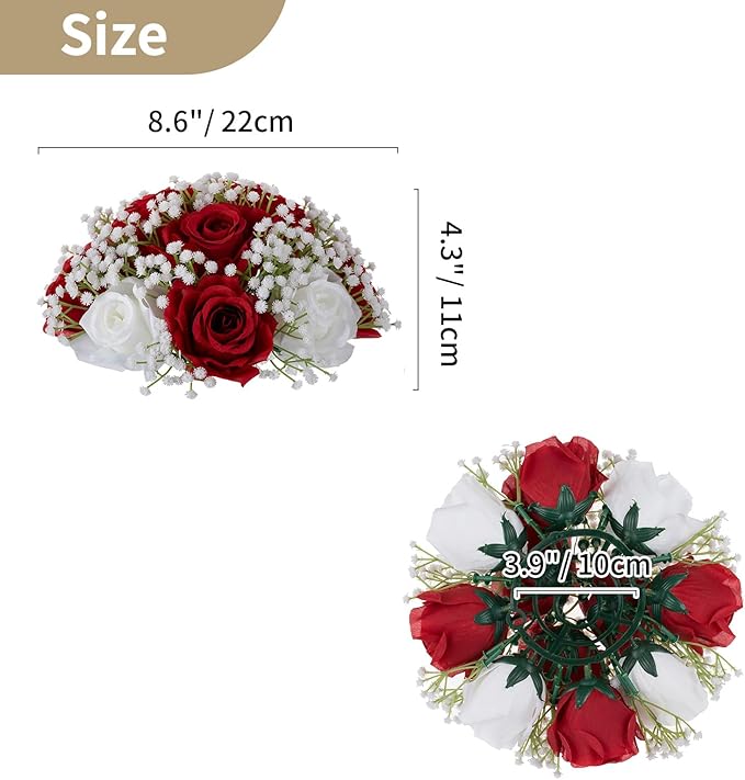 NUPTIO Flower Ball Arrangement Bouquet: 2 Pcs 8.6 inch Diameter Crimson Rose Fake Babys Breath Artificial Flowers for Wedding Centerpiece Event Party Tables Decorations