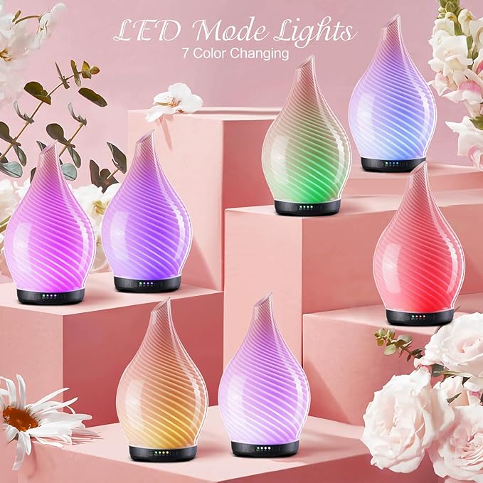 Porseme 280ml Essential Oil Diffuser Glass Color Changing Aroma Air Diffusers Aromatherapy Ultrasonic Cool Mist Humidifier 7 Running Hours Waterless Auto-Off for Sleeping, Yoga, Spa (Pure Pink)