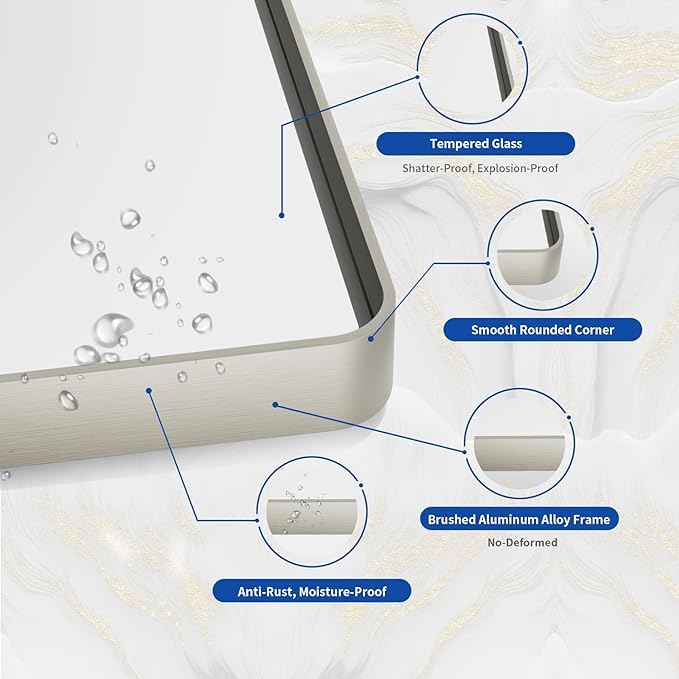 WEER 50X30 Inch Brushed Nickel Bathroom Mirror, Brushed Silver Metal Frame Mirror, Rounded Rectangle Silver Bathroom Vanity Mirror, Tempered Glass, Anti-Rust, Hangs Horizontally or Vertically