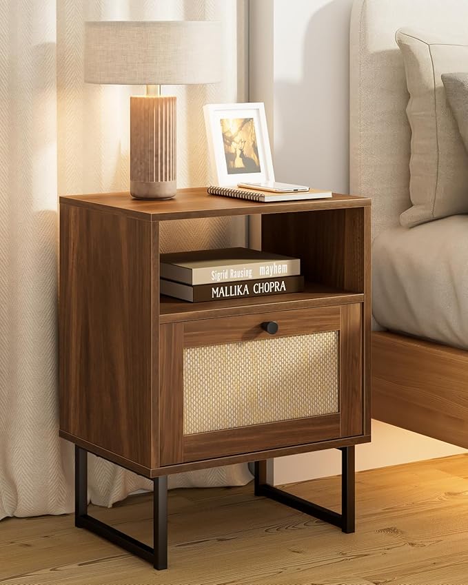 Rattan Nightstand, Mid Century Modern Night Stand,Boho Farmhouse Wood Bedside Table with Storage and Open Shelf, End Side Accent Table for Bedroom,Living Room,Walnut