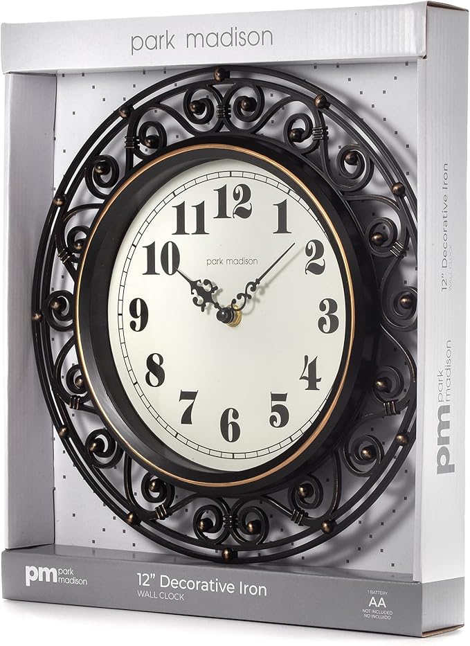 Decorative Iron Style Wall Clock 12 Inch Silent Battery Operated Vintage Elegant Retro Clocks for Living Room Decor, Kitchen Office Dining Room Bedroom School Classroom (13736)