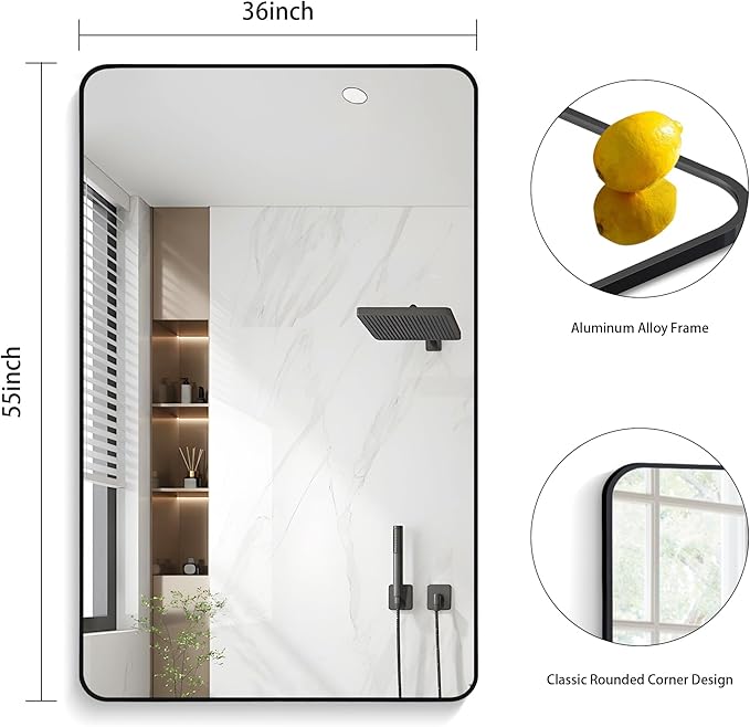 FORBATH Large Bathroom Mirror 36 x 55 Inches，Black Large Wall Mirror Aluminum Frame Wall Mounted Rounded Corner Morndern Mirror for Bathroom Bedroom Entryway Living Room