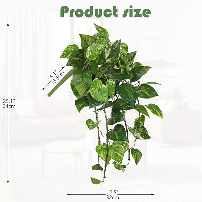 Hollyone Artificial Pothos Hanging Plants 25" Fake Ivy Vine Faux Ivy Pothos Leaves Hanging Plant Greenery for Wall House Room Patio Indoor Outdoor Home Shelf Office Wedding Decor
