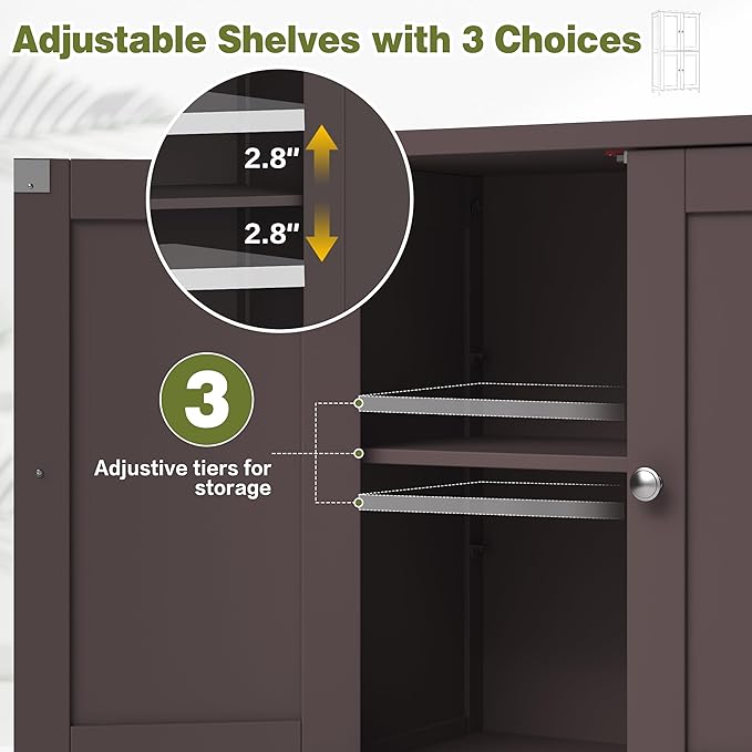 Nuturelly Bathroom Floor Storage Cabinet, Freestanding Pantry Cabinets with 4 Doors & 3 Adjustable Heights, Bathroom Organizers and Storage with Waterproof Board & Metal Handles for Kitchen, Brown