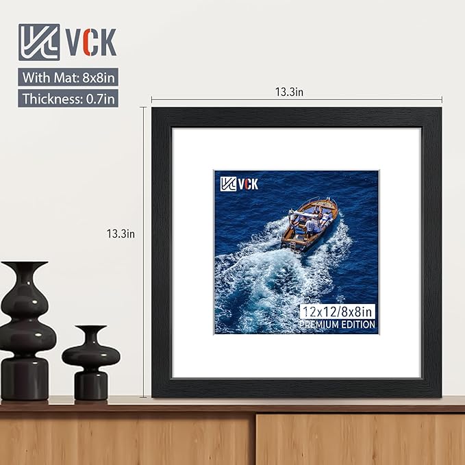 VCK 12x12 Picture Frame Black Set of 5, Textured Exclusive Square Wooden Photo Frames with HD glass | Matted to 8x8 or 12x12 without Mat | Wall Hanging