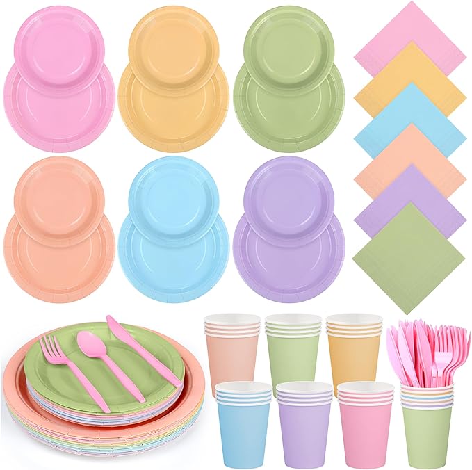 Durony 216-Piece Pastel Rainbow Disposable Party Tableware Set - Serves 24 Guests - 7" & 9" Paper Plates, 9oz Cups, Napkins, Plastic Cutlery, Party Decorations