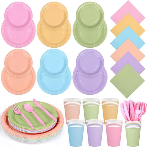 Durony 216-Piece Pastel Rainbow Disposable Party Tableware Set - Serves 24 Guests - 7" & 9" Paper Plates, 9oz Cups, Napkins, Plastic Cutlery, Party Decorations