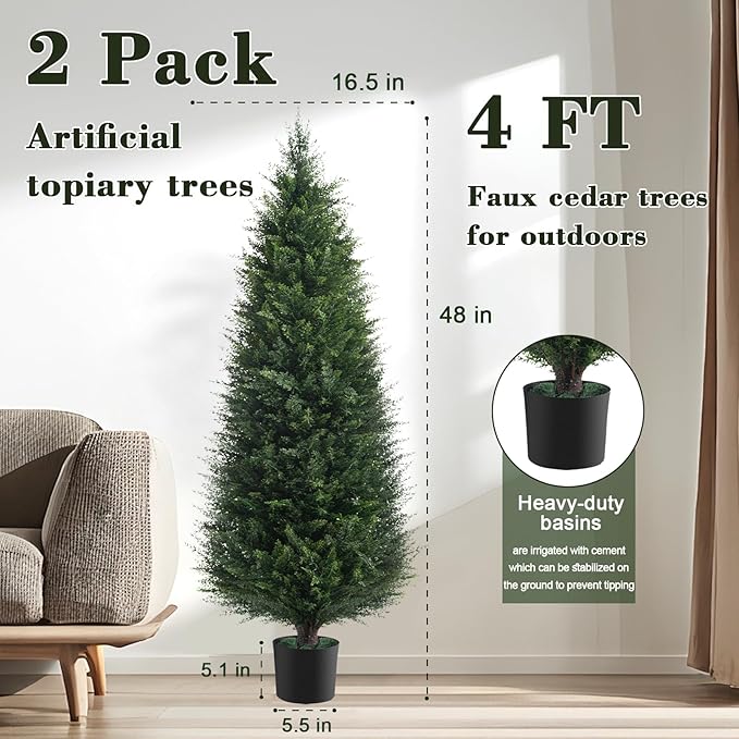 Two 4ft Artificial Plants Topairy Faux Cedar Trees for Outdoor Planters, 48IN Tall Fake Pine Bushes UV Resistant Large Potted Shrubs for Front Porch Décor