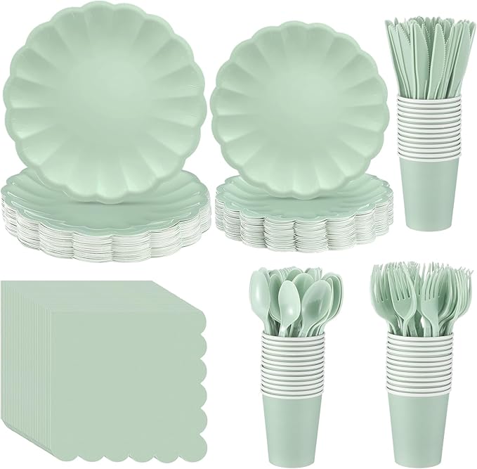 Newtay 350 Pcs Light Green Scalloped Paper Plates Shell Edge Disposable Tableware Cocktail Napkins Cups Plastic Spoons Forks Knives for Wedding Baby Shower Picnic Birthday Party Supply for 50 Guests