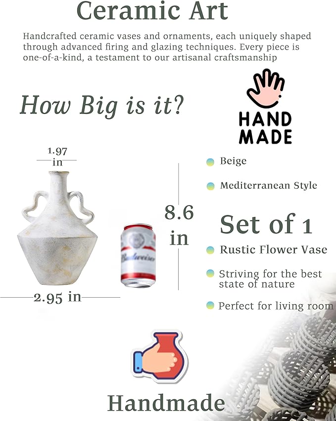 8.6 in Rustic Ceramic Farmhouse Vase with 2 Handles,Glazed Beige and Yellow Vintage Pottery Jar with Black Distressed Eroded Texture Finish,Boho for Home Decor,Tabletop,Mantel,or Living Room