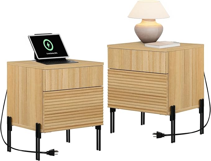WAMPAT Fluted Nightstands Set of 2 with Charging Station,19.7" Tall Mid Century Modern Night Stands, Wood Side End Table with 2 Drawers, Wood Bedside Table with Metal Legs for Bedroom,Living Room, Oak