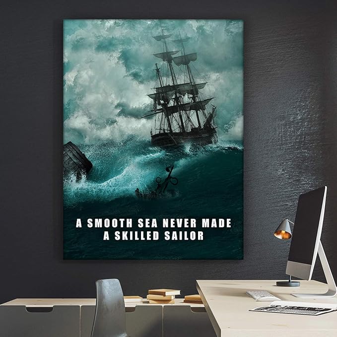 SuccessHunters A Smooth Sea Never Made A Skilled Sailor Wall Art Canvas Print Office Decor Motivational Entrepreneur Quote (18" x 12")