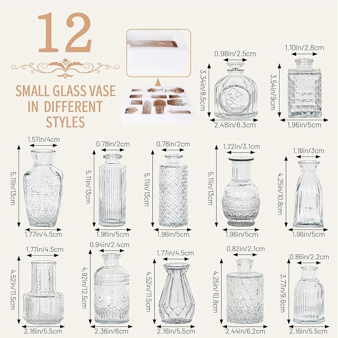 12pcs Mini Bud Vases As Wedding Centerpieces for Tables,Clear Bud Vases for Flowers,Small Flower Vases Suitable for Birthday Party,Anniversary,Wedding Reception,Baby Shower (Clear)