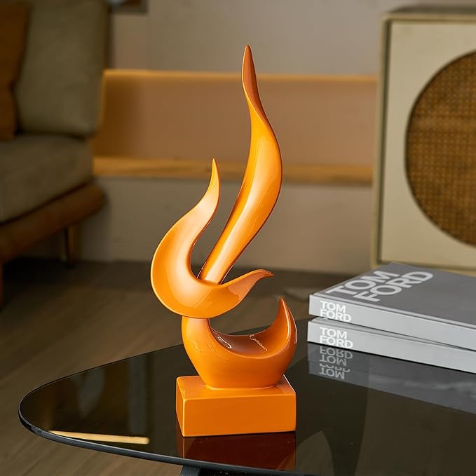 FJS Orange Decor Modern Flame Statue Decorations for Living Room, 15.3" H Resin Sculptures Home Décor Accents, Abstract Art Sculpture for Shelf Dining Room Office Coffee Table Centerpiece