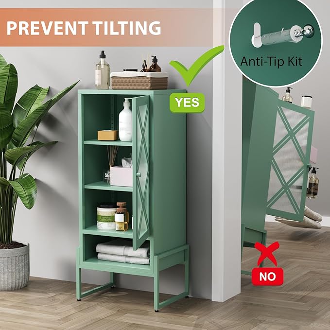 LEYNOT Small Bathroom Storage Cabinet 42.51“H Metal Bathroom Floor Cabinet with Adjustable Shelves for Pantry，Kitchen, Home Office, Living Room, Dinning Room (Green+Transparent Door Panel)