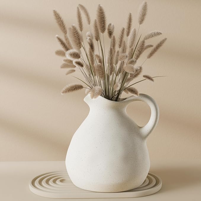 White Ceramic Pitcher Vase with Handle, Modern Farmhouse Jug Flower Vase for Home Decor, Centerpieces for Table, Living Room, Bedroom, Rustic Boho Decoration