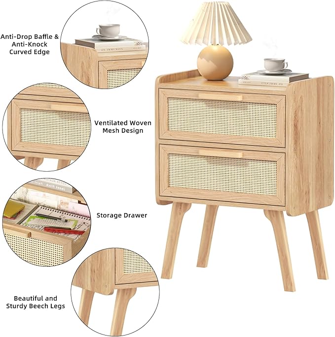 Lerliuo Rattan Nightstand, Boho Night Stand with 2 Drawers, Cane Accent Side End Table, Bedside Table with Solid Wood Legs for Bedroom, Dorm and Small Spaces (Natural)