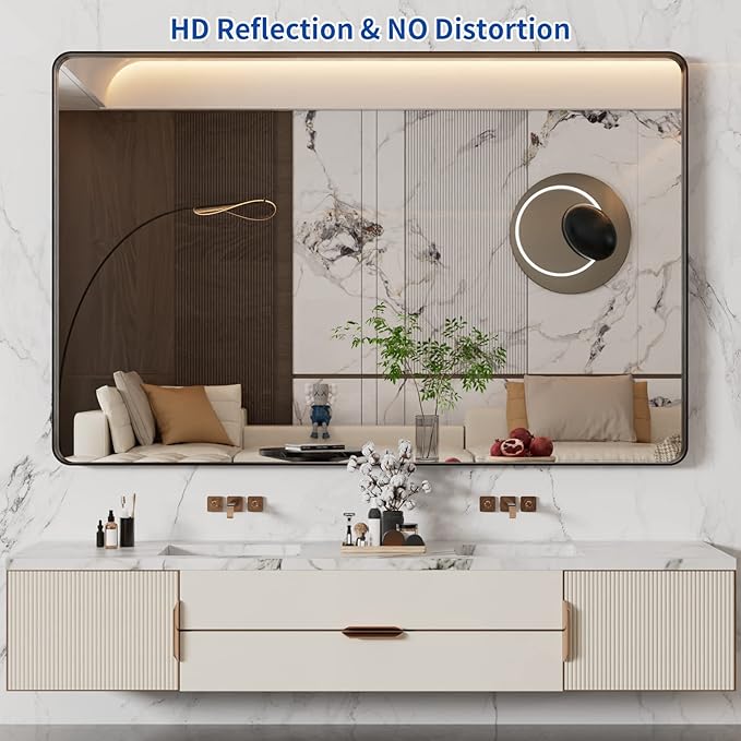 WEER 55X36 Inch Black Metal Framed Bathroom Mirror, Black Bathroom Vanity Mirror Farmhouse, Rounded Rectangular Matte Black Wall Mirrors, Tempered Glass, Anti-Rust (Horizontal/Vertical)