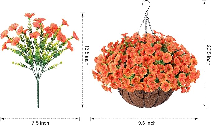 Artificial Fall Hanging Flower Plants Basket for Outdoors, Fake Flowers 12 Bundles Faux Silk Morning Glory for Planter Realistic UV Resistant Artificial Flowers for Outside Porch Garden Patio, Orange