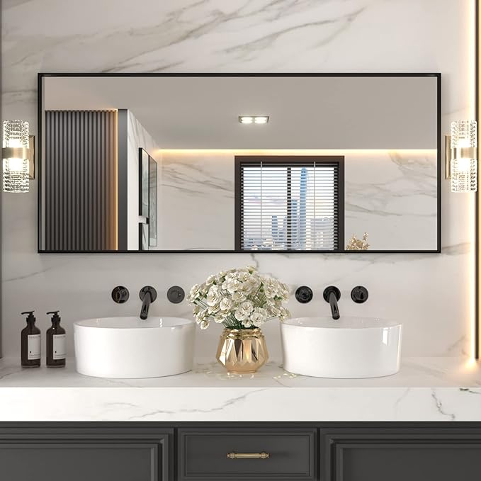 LOAAO 72"X32" Black Rectangle Bathroom Mirror Wall, Matte Black Aluminum Alloy Frame, Tempered Glass, Hangs Vertically or Horizontally, Easy to Install