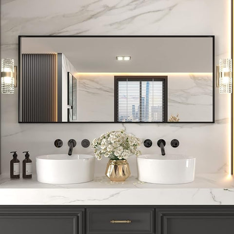 LOAAO 72"X32" Black Rectangle Bathroom Mirror Wall, Matte Black Aluminum Alloy Frame, Tempered Glass, Hangs Vertically or Horizontally, Easy to Install