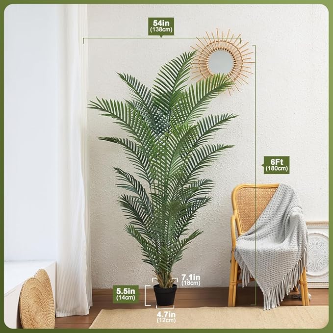 Artificial Palm Tree, 6FT Tall Fake Palm Trees with UV Resistant Leaves, Potted Faux Areca Palm Plant for Indoor Outdoor, Large Floor Plants for Home Living Room Porch Decor, VN125