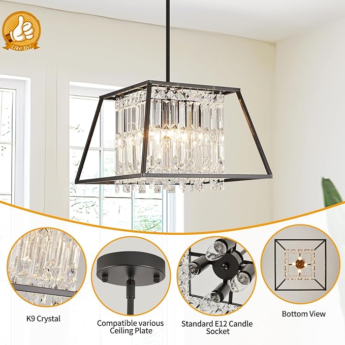 Crystal Chandeleir, Black 4 Lighting Dining Room Chandelier Light Fixture, Modern FarmhouseSquare Metal Pendant Light for Kitchen Island, Entryway,E12 Bulb,15.75"
